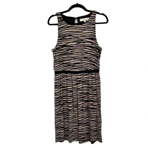 Ann Taylor LOFT Women’s Zebra Tan & Black Midi Sleeveless Dress Size M GUC - Picture 1 of 9